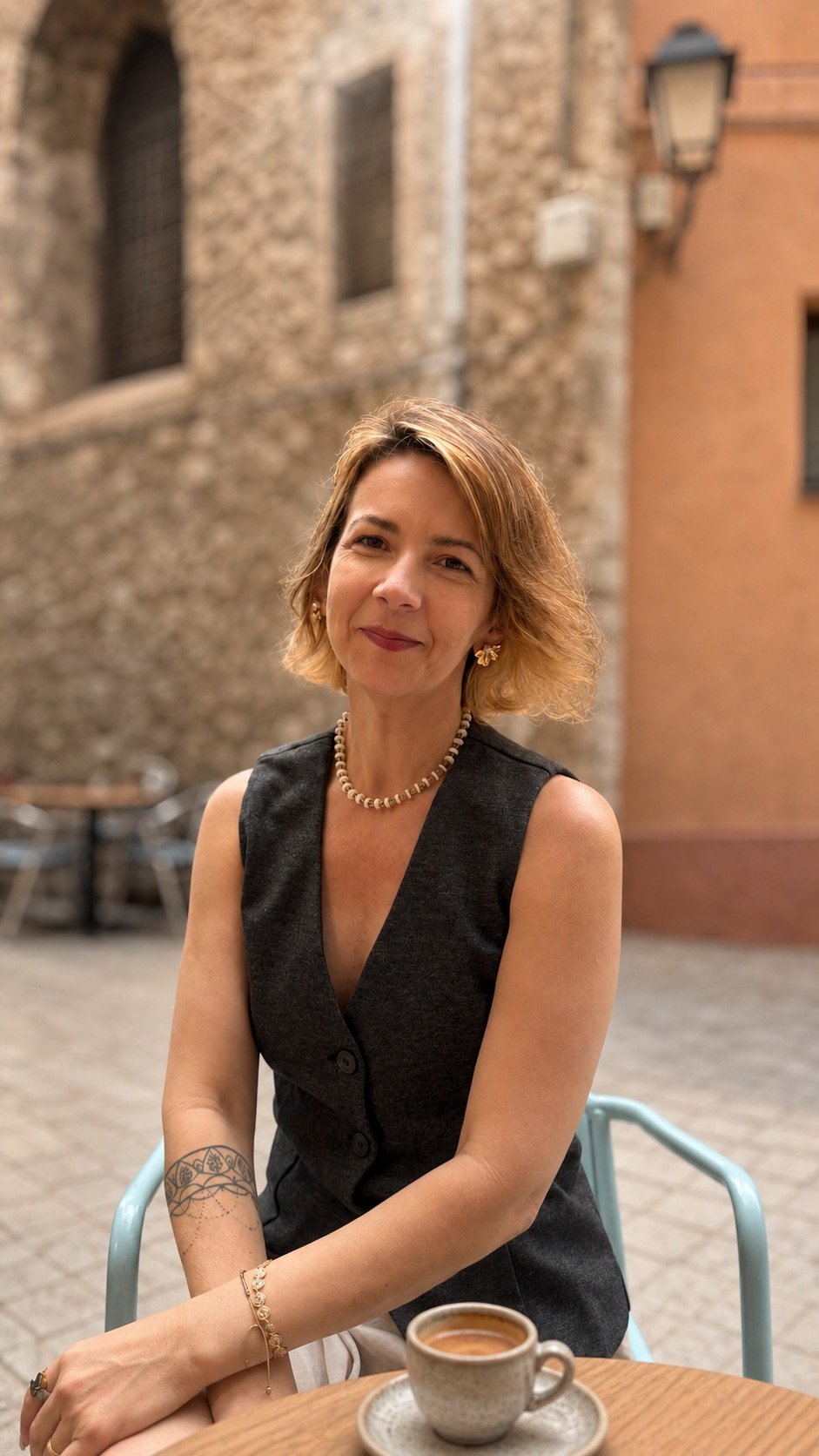 Maria Alencar à mesa com uma xícara de café